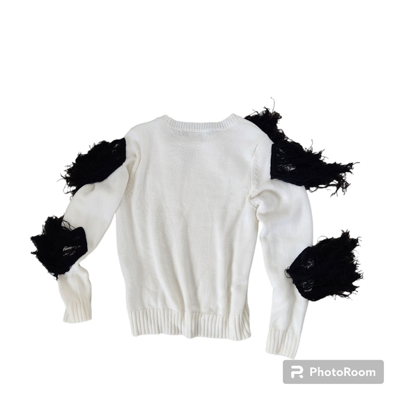 Eva Mendes New York & Co White Knit Sweater with Black Fringe Pom Poms Med - Picture 6 of 11